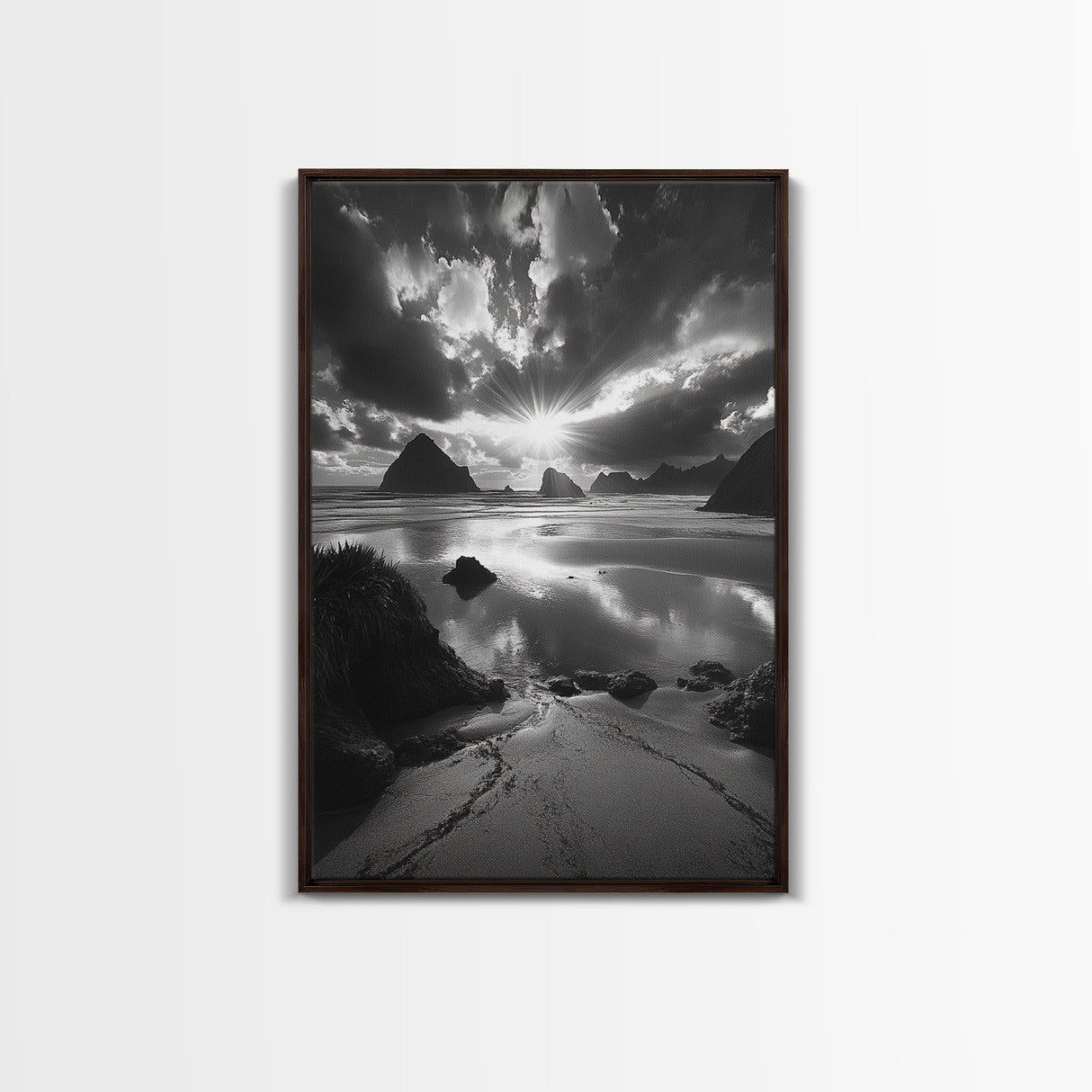 Dramatic Ocean Sunset, Coastal Mountains, Seascape Photography, Canvas Print, Stormy Sky Art, Living Room Focal Wall Decor