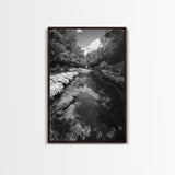 River Reflection, Nature Calm, Forest Stream, Canvas Print, Black and White Landscape Wall Art, Rustic Bathroom Decor, Tranquil Home Vibe