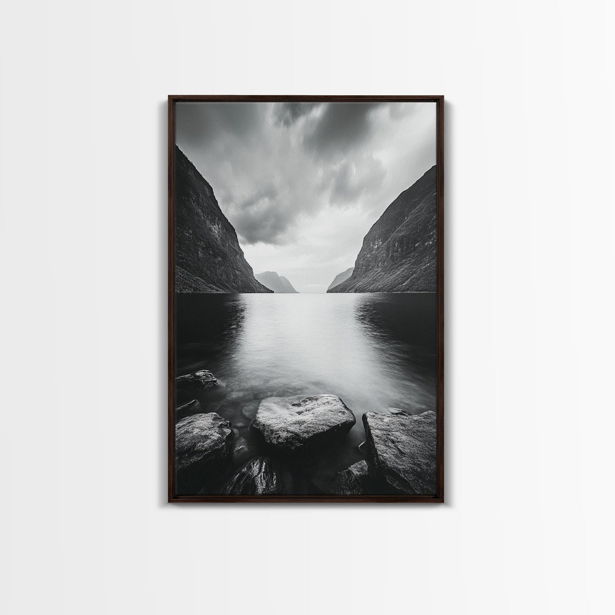 Mountain Lake, Nordic Fjord, Moody Water, Framed Canvas Print, Minimalist Wall Art, Serene Living Room Decor, Monochrome Nature Scene