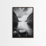 Mountain Lake, Nordic Fjord, Moody Water, Framed Canvas Print, Minimalist Wall Art, Serene Living Room Decor, Monochrome Nature Scene