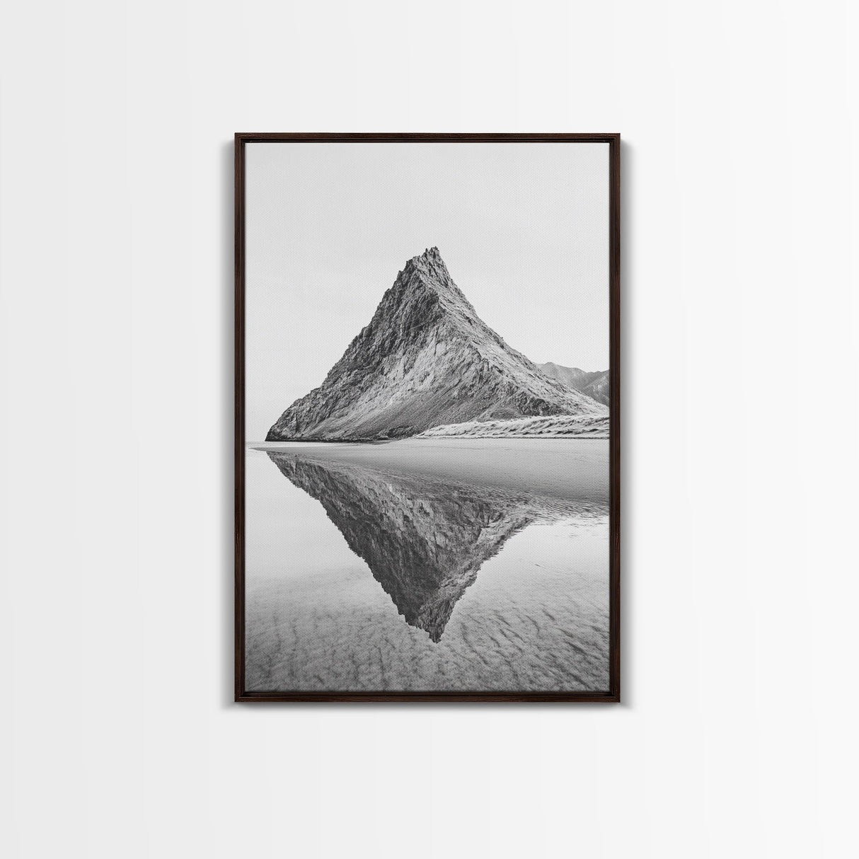 Mountain Mirror, Coastal Peak, Serene Beach, Canvas Print, Minimalist Landscape Art, Modern Living Room Wall Decor, Monochrome Nature Style