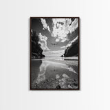 Dragonfly Flight, Beach View, Nature Dream, Framed Canvas Print, Whimsical Wall Art, Surreal Living Room Decor, Black and White Nature Style