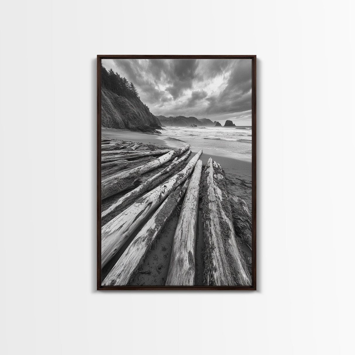 Driftwood Beach, Coastal Logs, Wild Shore, Canvas Print, Rustic Ocean Wall Art, Cabin Bathroom Decor, Nature Inspired Photography
