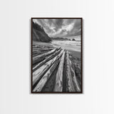 Driftwood Beach, Coastal Logs, Wild Shore, Canvas Print, Rustic Ocean Wall Art, Cabin Bathroom Decor, Nature Inspired Photography