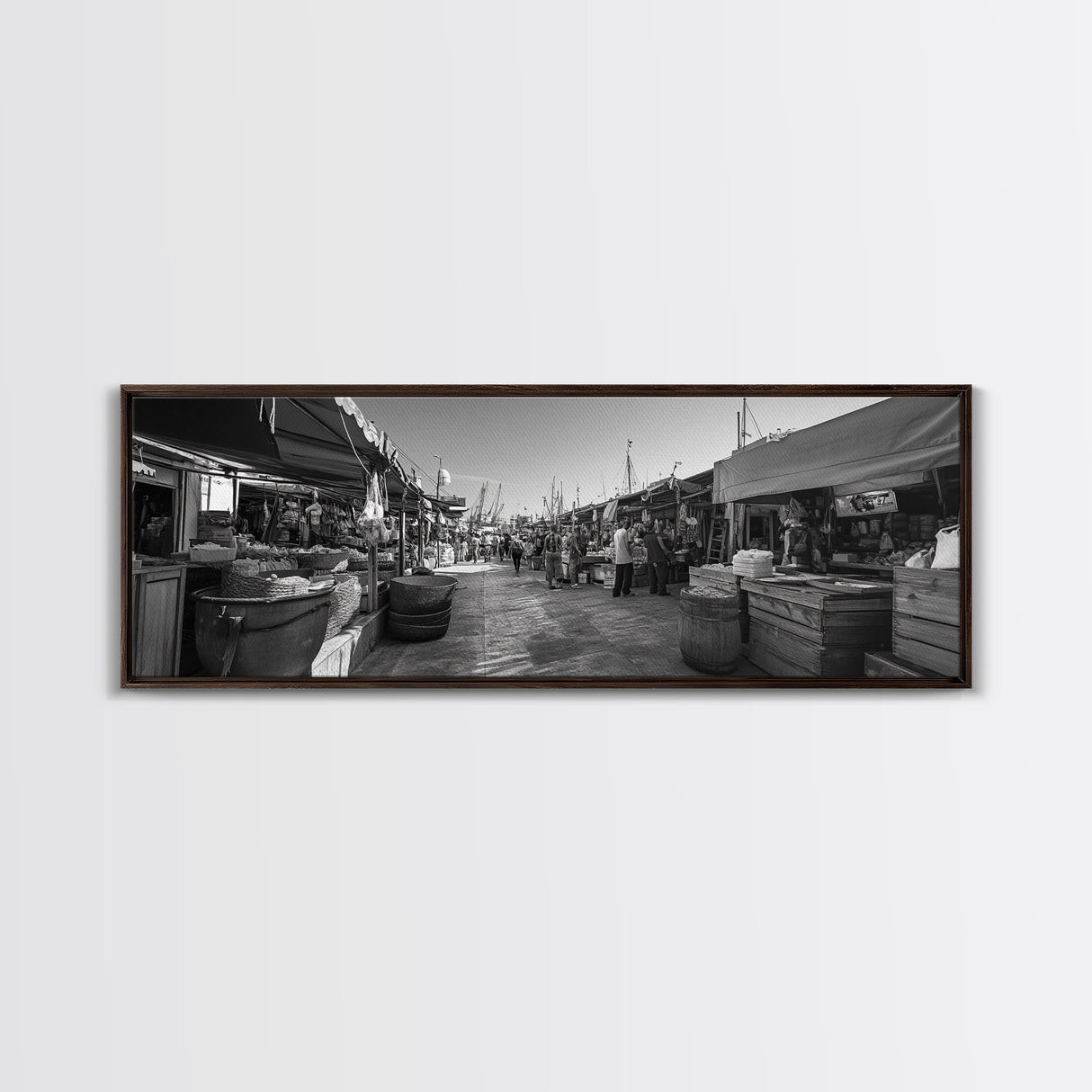 Mediterranean Market Scene, Travel Wall Decor, Rustic Street View, Framed Canvas Print, Kitchen Wall Art, Black and White Photography