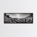 Coastal Driftwood Scene, Rugged Ocean Beach, Moody Nature Landscape, Framed Canvas Print, Rustic Wall Decor, Fall Coastal Photography