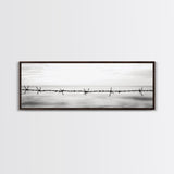 Barbed Wire, Ocean Horizon, Minimal Seascape, Stark Contrast, Framed Canvas Print, Modern Office Art, Minimalist Style, Black and White Art