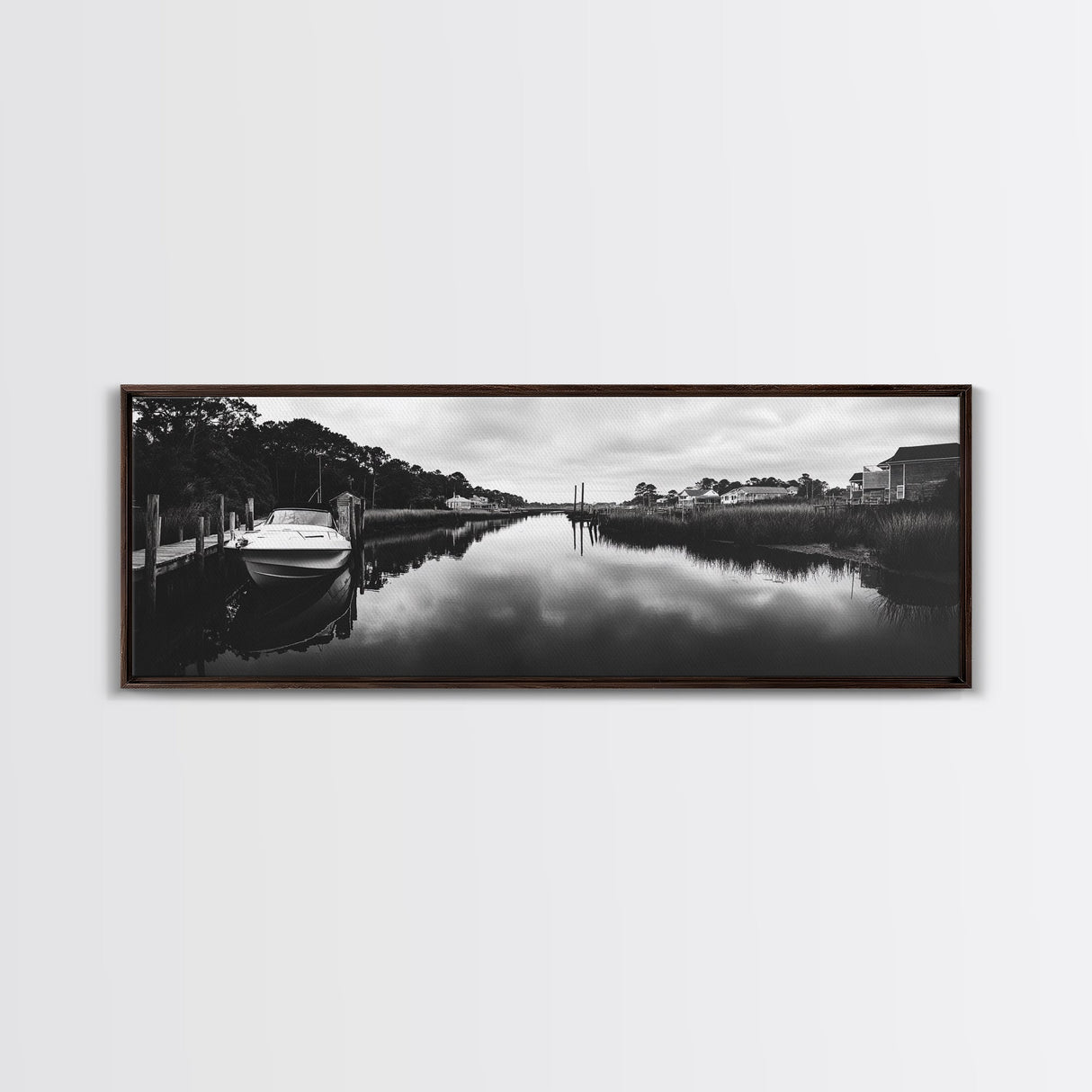 Boat Dock, Quiet Bay, Marina Reflections, Framed Canvas Print, Nautical Wall Art, Lakehouse Decor, Minimalist Coastal Vibes, Black White Art