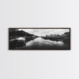 Boat Dock, Quiet Bay, Marina Reflections, Framed Canvas Print, Nautical Wall Art, Lakehouse Decor, Minimalist Coastal Vibes, Black White Art