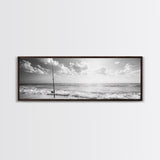Beach Fishing, Ocean Waves, Rod and Reel, Framed Canvas Print, Coastal Living Wall Art, Minimalist Nautical Decor, Beach House Aesthetic