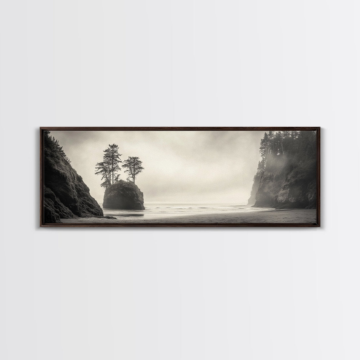Foggy Beach, Coastal Pines, Ocean Cliffside, Nature Escape, Framed Canvas Print, Moody Wall Art, Living Room Decor, Pacific Northwest Style