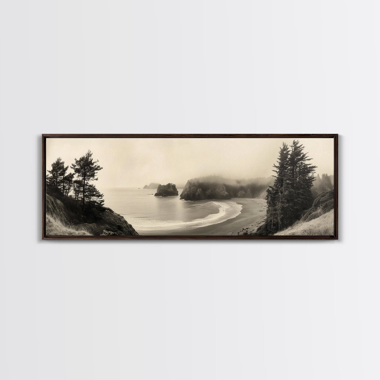 Misty Bay, Forested Coast, Moody Landscape, Serene Shoreline, Framed Canvas Print, Coastal Wall Art, Bedroom Decor, Earthy Tones