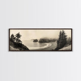 Misty Bay, Forested Coast, Moody Landscape, Serene Shoreline, Framed Canvas Print, Coastal Wall Art, Bedroom Decor, Earthy Tones