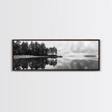 Reflected Pines, Quiet Lake, Forest Island, Calm Waters, Framed Canvas Print, Nature Photography, Minimal Wall Art, Office Decor