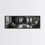Rustic Cabin, Cozy Interior, Nature Retreat, Framed Canvas Print, Living Room Wall Art, Black and White Photography, Lodge Decor