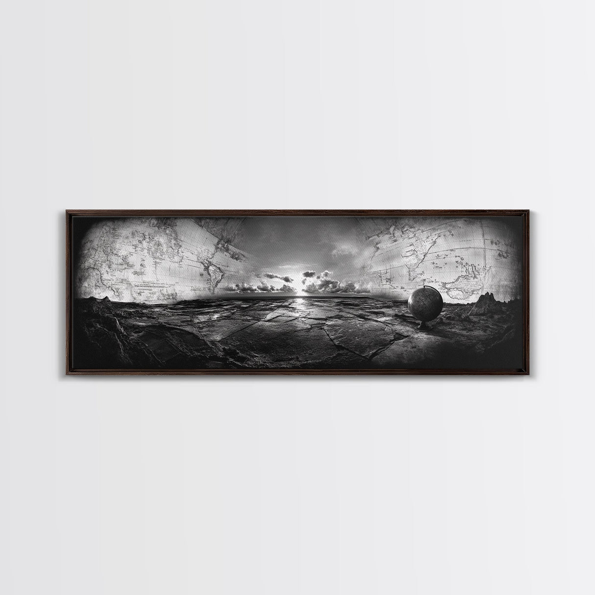World Map, Globe Horizon, Explorer’s Dream, Canvas Print, Travel Wall Art, Surreal Photography, Study Room Adventure Decor
