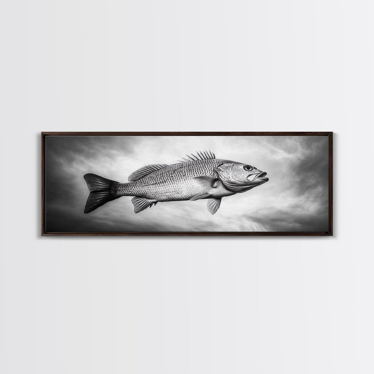 Floating Fish, Surreal Ocean, Realistic Scales, Sky Scene, Framed Canvas Print, Nautical Wall Art, Coastal Decor, Fishing Cabin Aesthetic