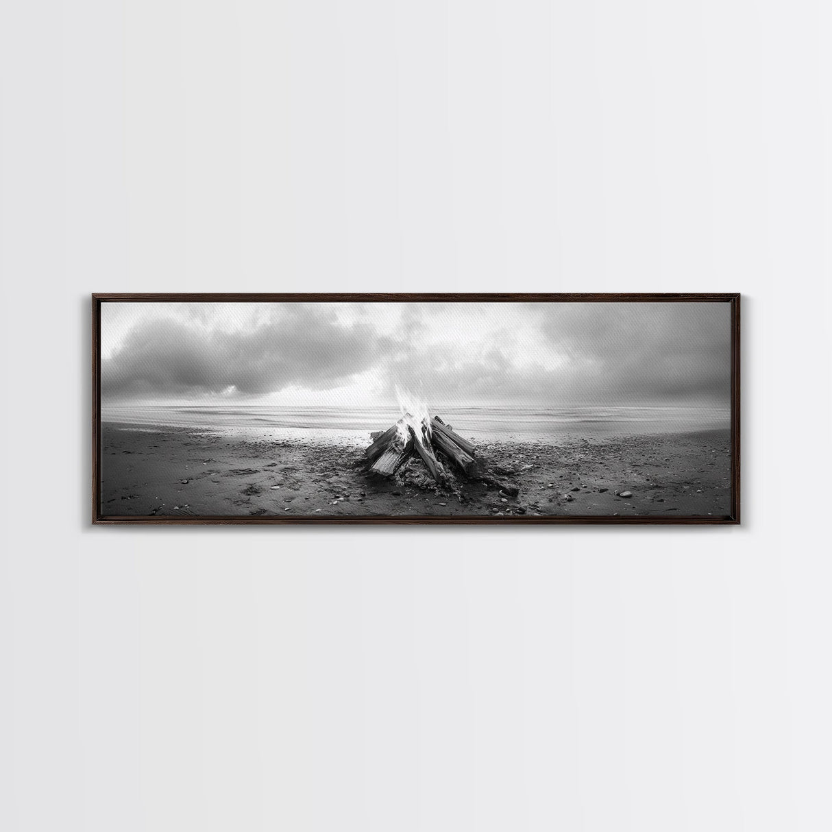 Beach Bonfire, Coastal Glow, Driftwood Fire, Ocean Calm, Framed Canvas Print, Fall Wall Art, Living Room Decor, Nature Photography Style