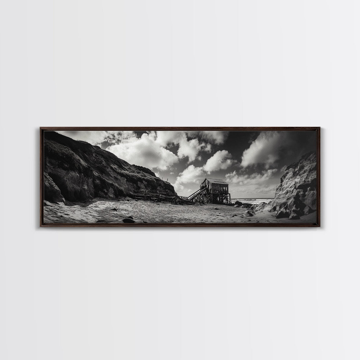 Cliff House, Ocean Cabin, Windy Coast, Framed Canvas Print, Moody Landscape Art, Rustic Wall Decor, Autumn Entryway Art
