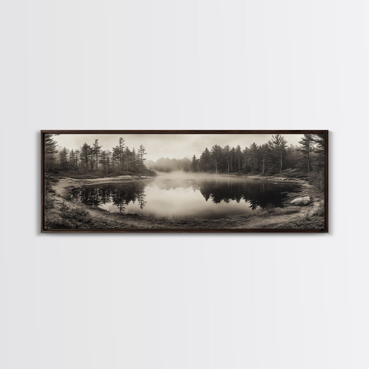 Misty Forest, Autumn Lake, Fog Reflections, Framed Canvas Print, cozy cabin decor, woodland living room art, rustic Fall photography