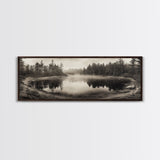 Misty Forest, Autumn Lake, Fog Reflections, Framed Canvas Print, cozy cabin decor, woodland living room art, rustic Fall photography