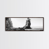 Sea Stack, Rugged Coast, Ocean Cliffside, Framed Canvas Print, Coastal landscape, Nature photography, Office wall art, Monochrome design