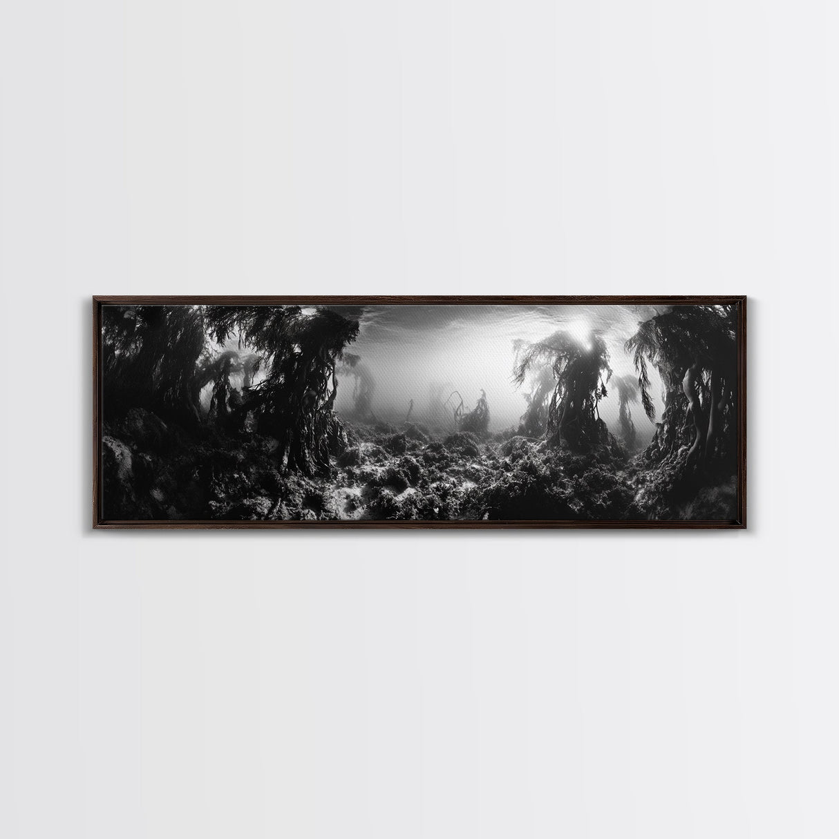 Kelp Forest, Underwater Magic, Ocean Depths, Framed Canvas Print, Marine nature photography, Bathroom wall decor, Moody coastal aesthetic