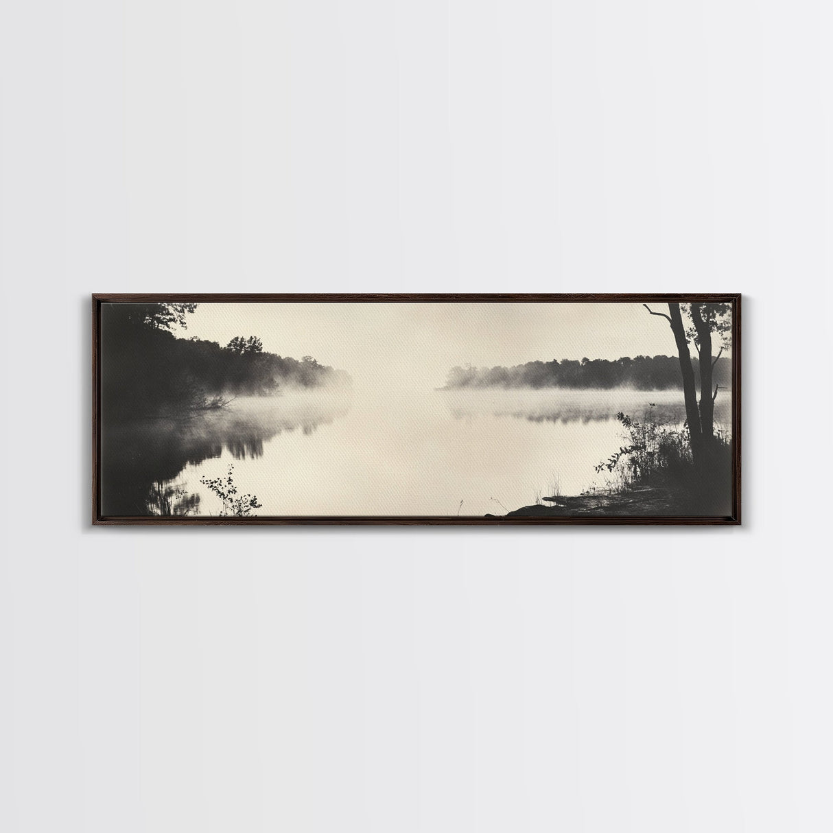 Misty River, Forest Reflection, Black and White Nature, Framed Canvas Print, Tranquil Decor, Bedroom Wall Art, Moody Minimalist Art