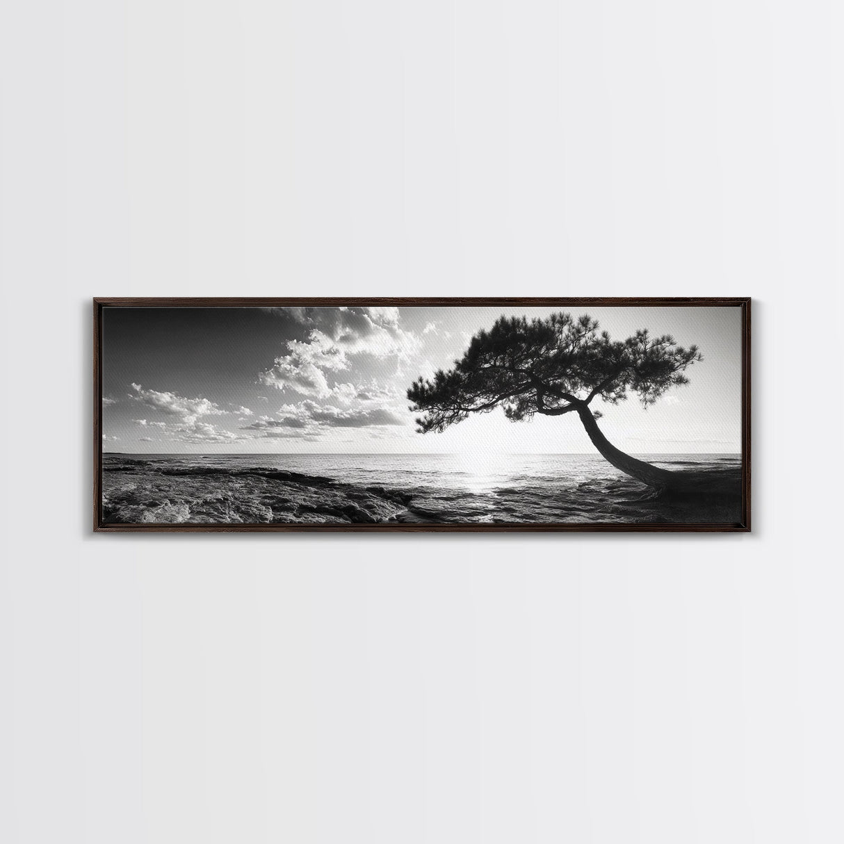 Lone Tree, Coastal Sunset, Ocean Horizon, Framed Canvas Print, Tranquil Landscape Art, Meditation Room Wall Art, Nature Zen Decor