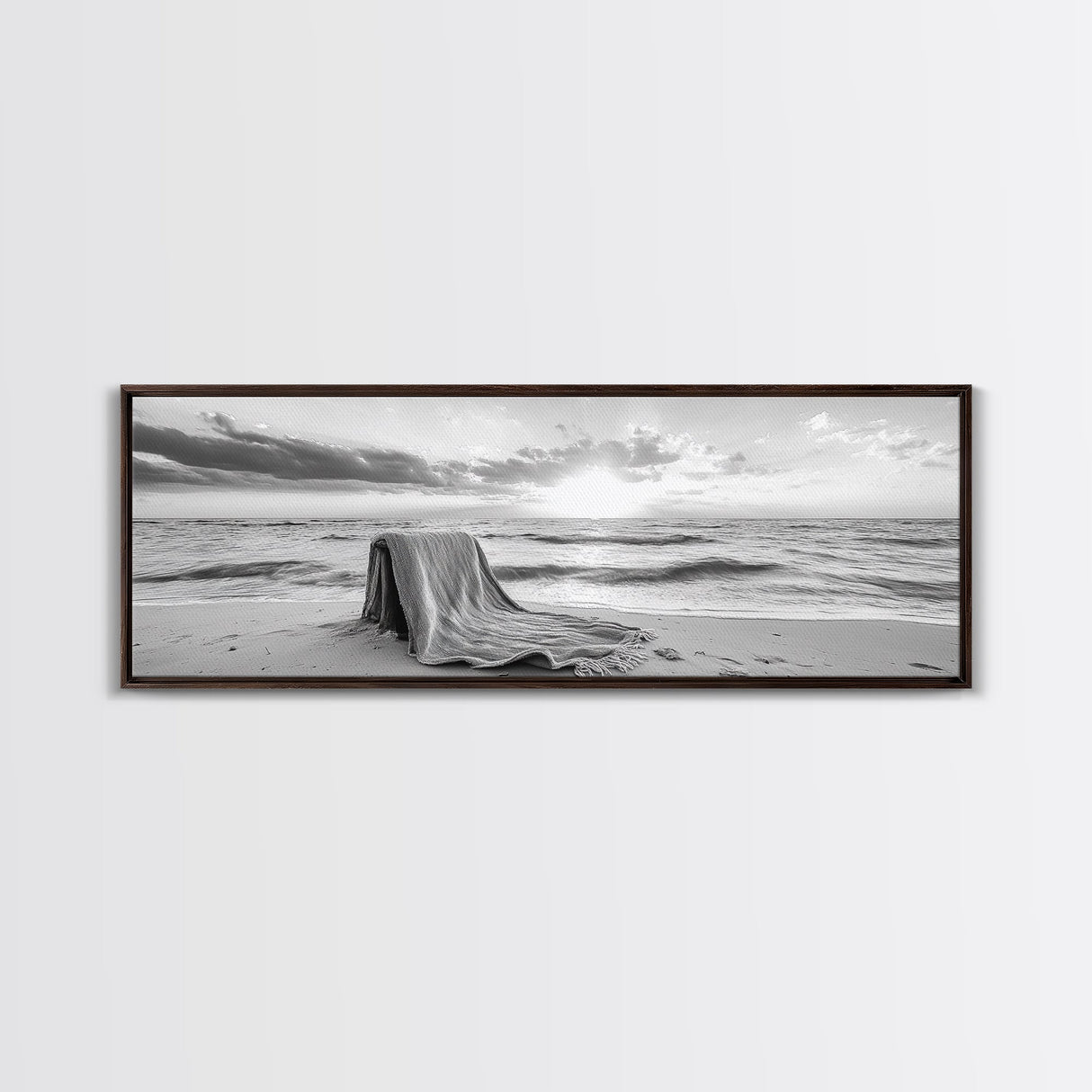Blanket Beach, Woven Texture, Ocean Sunset, Tranquil Shore, Framed Canvas Print, Boho Wall Art, Bedroom Decor, Soft Coastal Photography Style