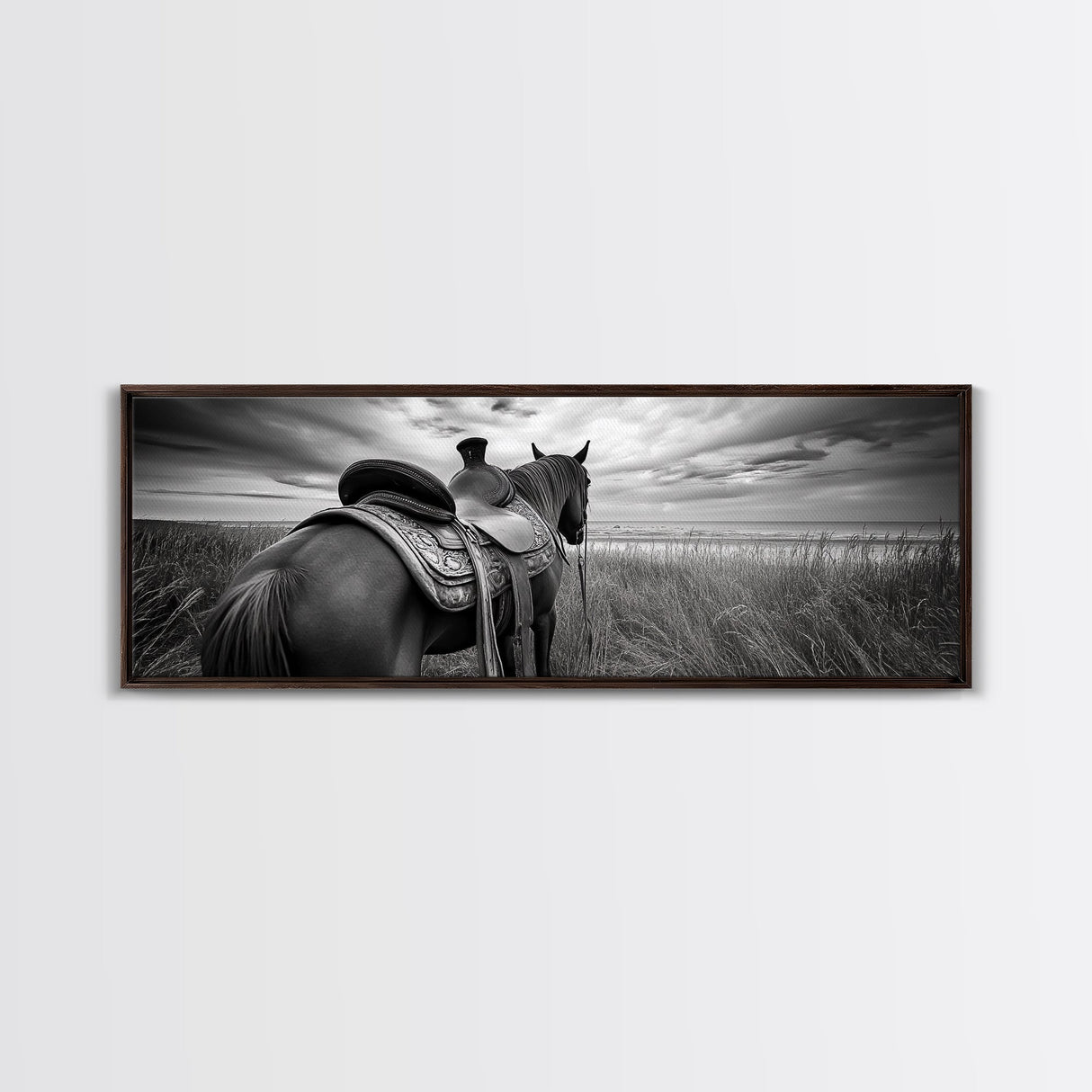 Western Horse Beach, Saddle Detail Horizon, Equestrian Art, Framed Canvas Print, Farmhouse Wall Art, Cowboy Country Decor