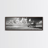 Lifeguard Tower Sky, Beach Scene Clouds, Surfside Minimalism, Framed Canvas Print, Bathroom Wall Art, Modern Coastal Decor