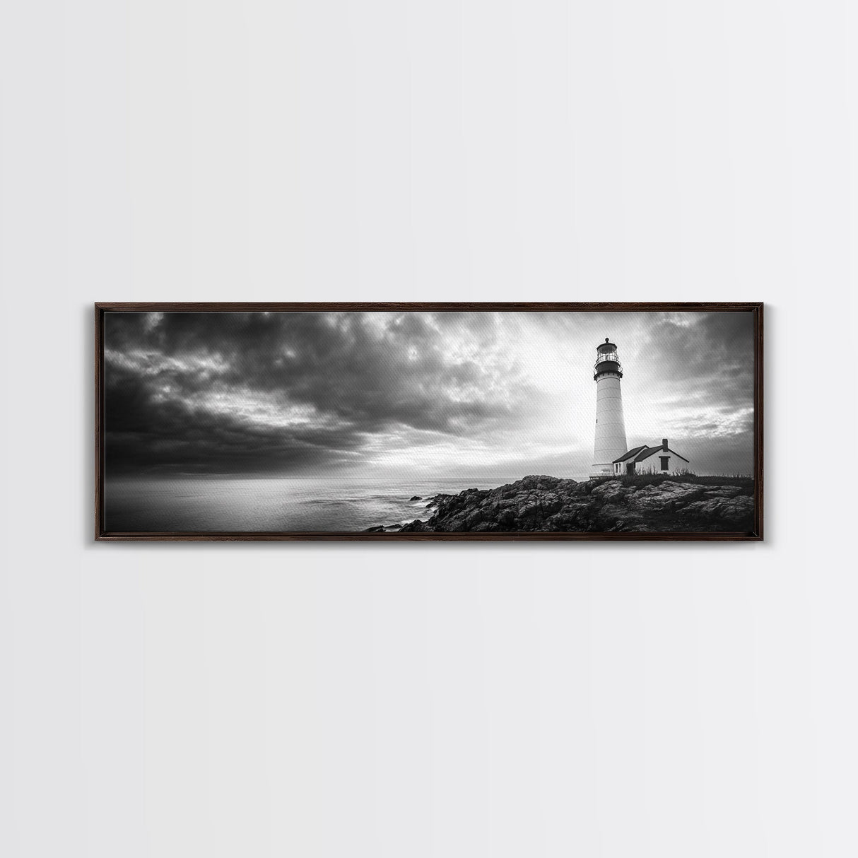 Dramatic Lighthouse Coast, Ocean Storm Horizon, Coastal Adventure, Framed Canvas Print, Living Room Wall Art, Nautical Fall Decor