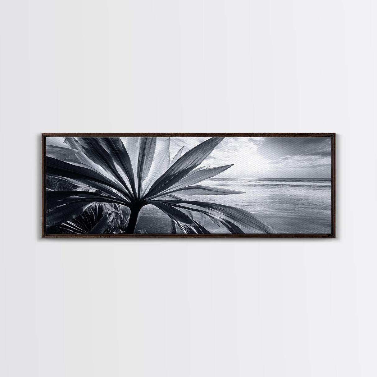 Tropical Leaf Closeup, Ocean Horizon Sunset, Botanical Beach, Framed Canvas Print, Kitchen Wall Art, Coastal Jungle Decor, Rustic Lakehouse Decor