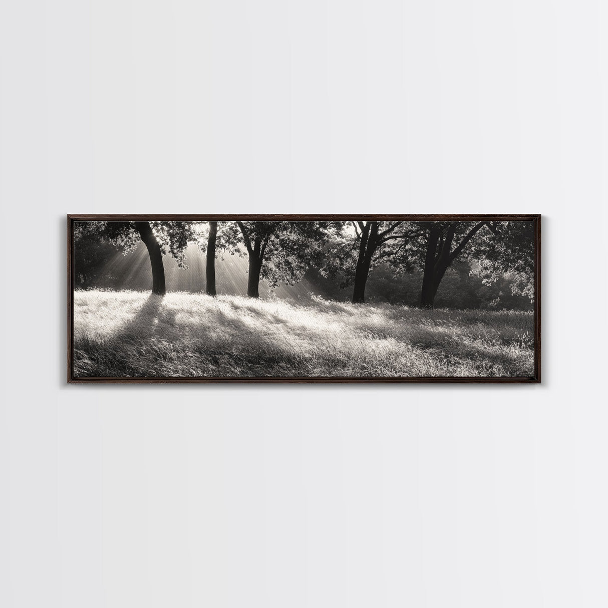 Sunrays Meadow, Tree Light, Golden Hour, Framed Canvas Print, Fall Living Room Art, Rustic Nature Decor, Warm Toned Landscape