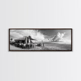 Seaside Bar, Beach Café, Oceanfront Dining, Cloudy Sky, Framed Canvas Print, Kitchen Wall Art, Black and White Tropical Art, Travel Decor