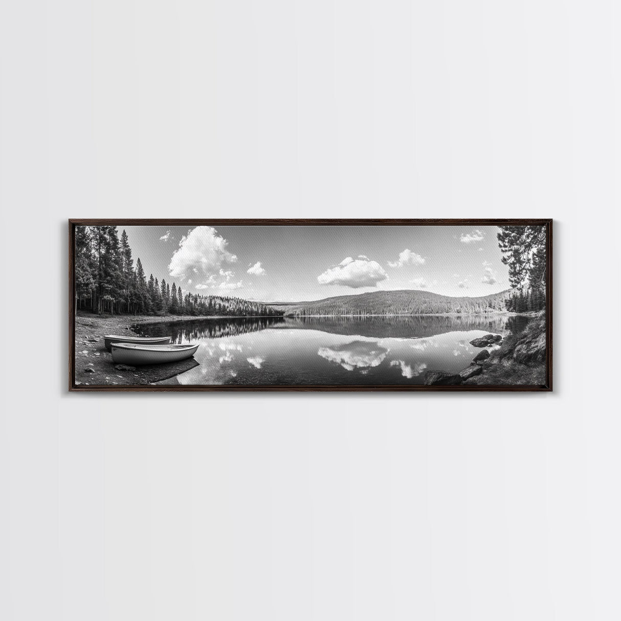 Canoe Lake, Still Water, Pine Forest, Outdoor Serenity, Canvas Print, Nature Wall Art, Rustic Cabin Decor, Peaceful Landscape, Neutral Tones