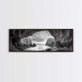 Sea Cave View, Coastal Rock Art, Monochrome Seascape, Framed Canvas Print, Bathroom Wall Art, Nature Photography, Moody Ocean Decor