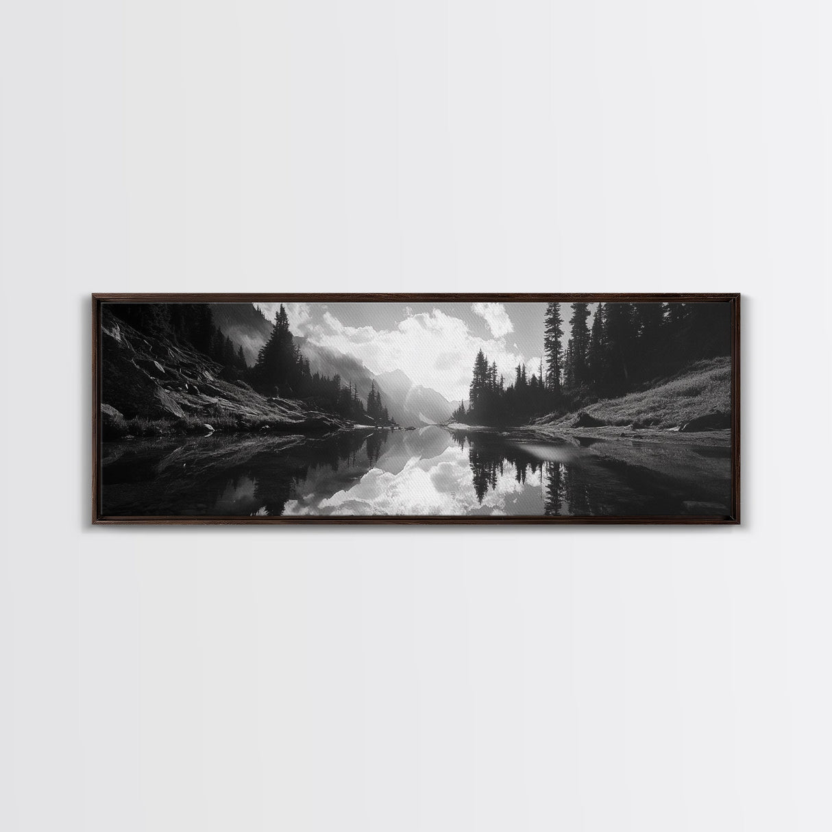 Alpine Lake Scene, Black and White Forest, Serene Mountain Print, Framed Canvas Print, Rustic Wall Art, Cabin Living Room Decor