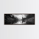 Alpine Lake Scene, Black and White Forest, Serene Mountain Print, Framed Canvas Print, Rustic Wall Art, Cabin Living Room Decor