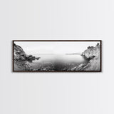 Rocky Coastline, Minimalist Seascape, Black and White Shoreline, Framed Canvas Print, Coastal Wall Art, Bathroom or Hallway Decor