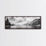Mountain Lake, Forest Panorama, Serene Wilderness, Framed Canvas Print, Nature Lover Wall Art, Rustic Lodge Decor, Neutral Palette