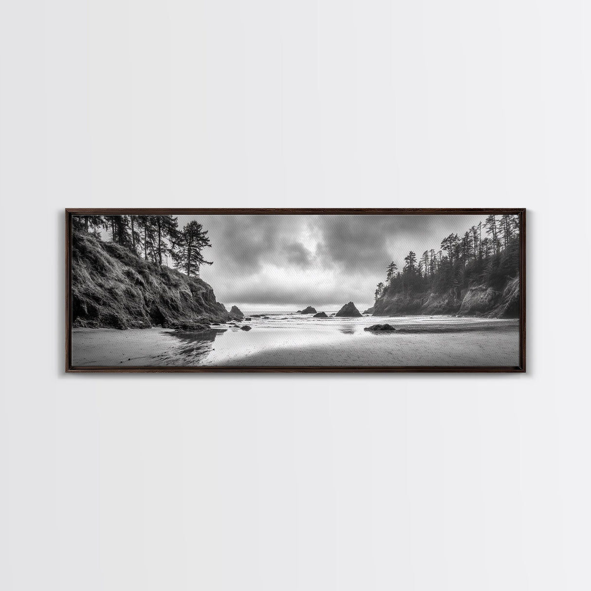 Misty Coastline, Dramatic Shore, Moody Ocean Scene, Framed Canvas Print, Coastal Living Room Art, Black and White Nature Decor