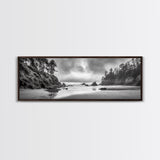 Misty Coastline, Dramatic Shore, Moody Ocean Scene, Framed Canvas Print, Coastal Living Room Art, Black and White Nature Decor
