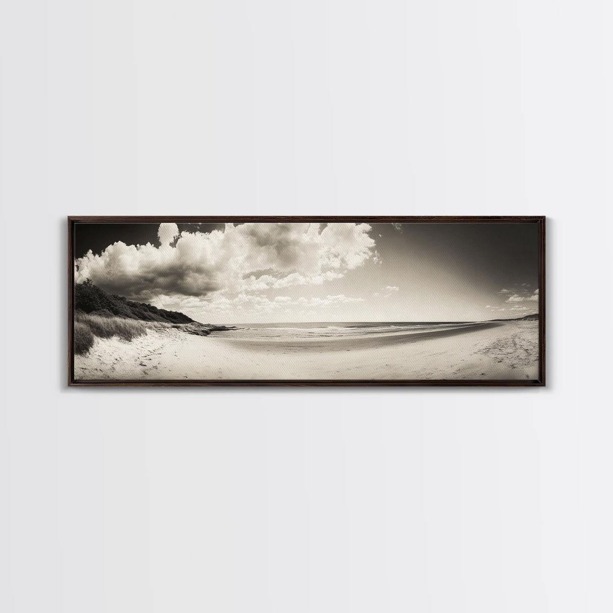 Cloudy Beach, Sandy Shoreline, Coastal Serenity, Framed Canvas Print, Neutral Tones Wall Art, Minimalist Bathroom or Hallway Decor