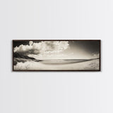 Cloudy Beach, Sandy Shoreline, Coastal Serenity, Framed Canvas Print, Neutral Tones Wall Art, Minimalist Bathroom or Hallway Decor