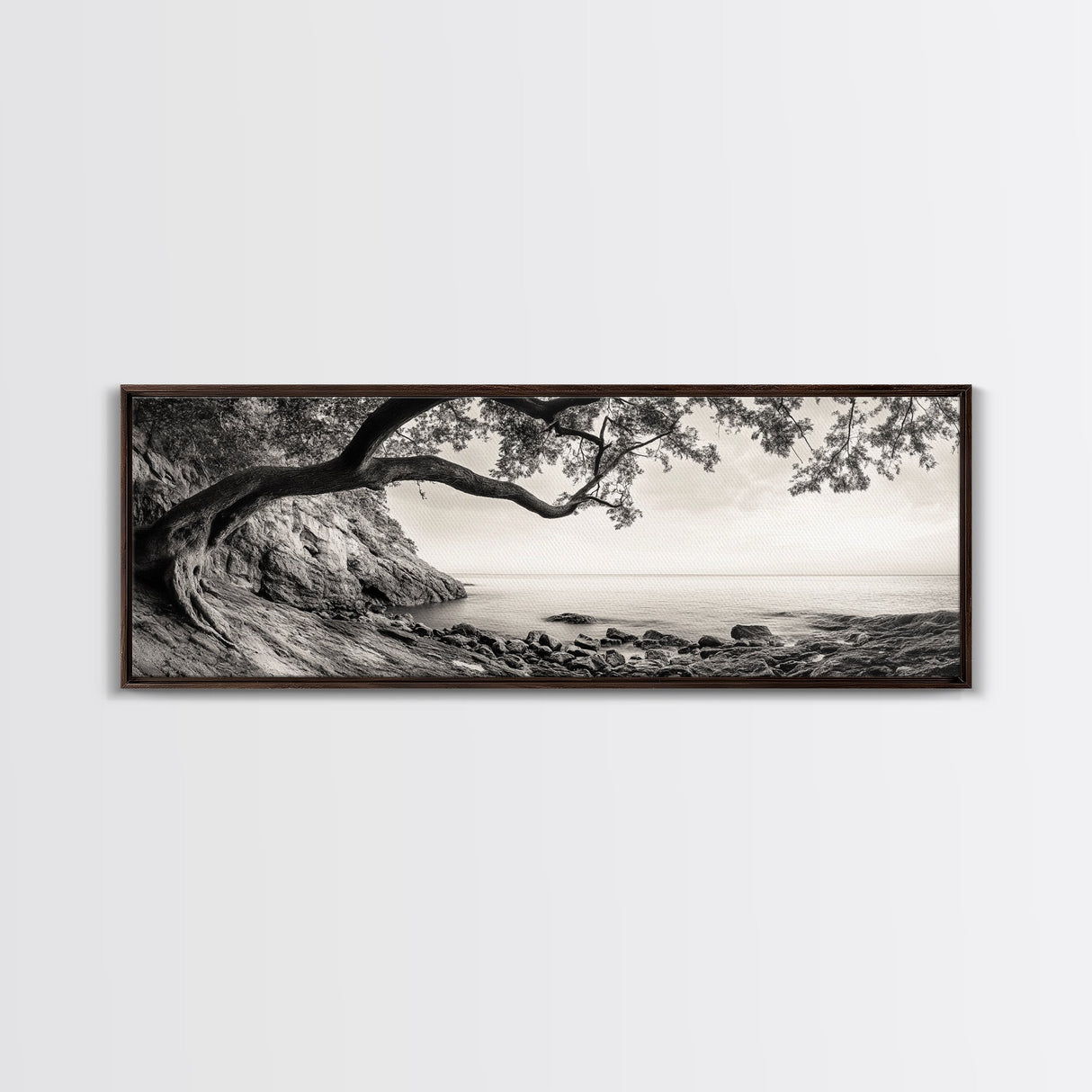Tree By The Sea, Ocean Cliff, Black And White Nature, Framed Canvas Print, Coastal Wall Decor, Minimalist Art, Tranquil Bedroom Print