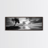 Solitary Palm Tree, Ocean Storm, Moody Landscape, Beach Wall Decor, Framed Canvas Print, Coastal Living Room Art, Monochrome Photography