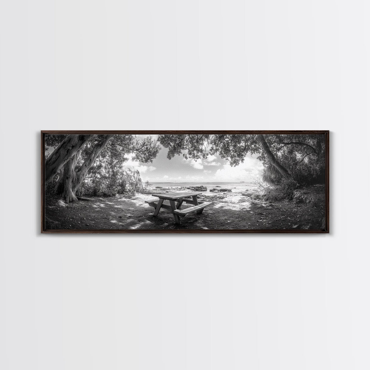Secluded Picnic Spot, Ocean View, Tranquil Escape, Nature Sanctuary Art, Framed Canvas Print, Kitchen Wall Decor, Coastal Forest Vibe
