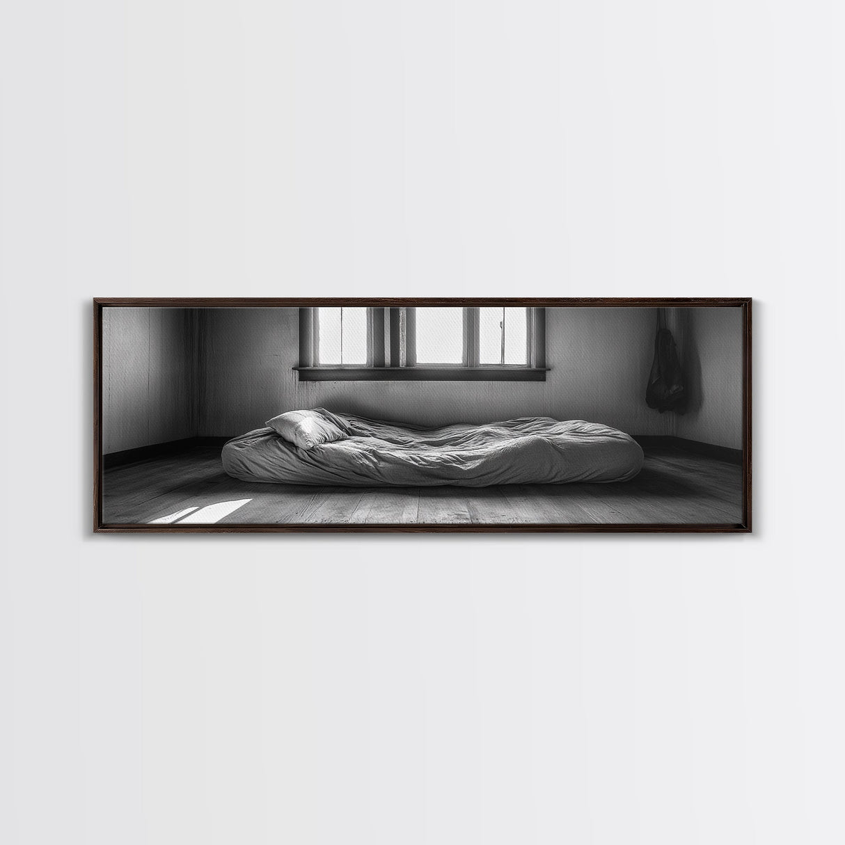 Minimalist Bedroom, Simple Living, Monochrome Bed, Peaceful Morning, Framed Canvas Print, Bedroom Wall Art, Moody Art, Farmhouse Art